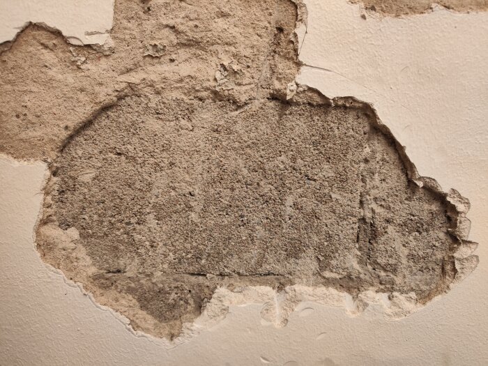 Närbild på en källarinnervägg där putsen har släppt och avslöjar betongen under. Schwier att veta om hela putsen ska bilas bort.