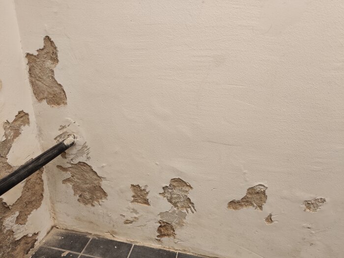 Källarvägg med flagnande puts och synliga betongblock, intill ett svart rör, på ett golv med svarta klinkers.