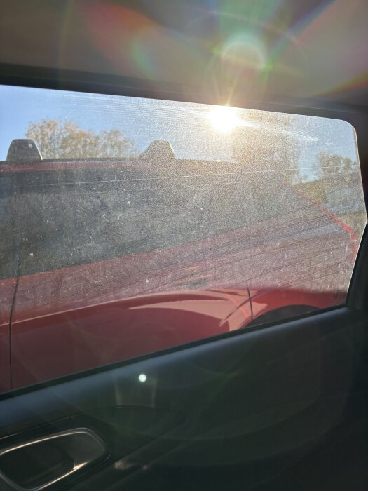 Hinna med små prickar synliga på bilfönster i solljus, med en röd bil utanför.