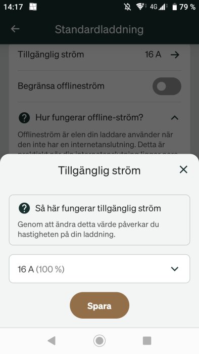 Appens gränssnitt visar inställningar för tillgänglig laddström, justerbar till 16 A, med alternativ för att begränsa offlineladdning.