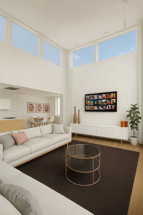 Ljust vardagsrum med hög takhöjd, stora fönster, två soffor, TV på väggen och matplats i bakgrunden.