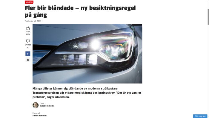 Närbild på en bils LED-strålkastare som är påslagen, vilket orsakar bländande ljus i dagsljus.