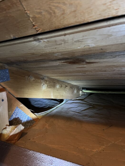 Takbjälkar med posibles fuktmärken i gamla taket, handduk synlig.