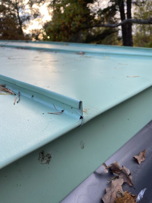 Grönt falsat plåttak med löv och smuts, nyinstallerat och målat efter byte av vindskivor. Glipa vid falsning synlig.