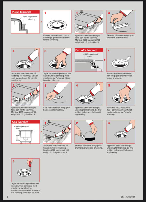 Instruktioner för applicering av 3690 one-seal på golvbrunnar från olika varumärken, inklusive Purus och Aco, med visuella steg-för-steg bilder.