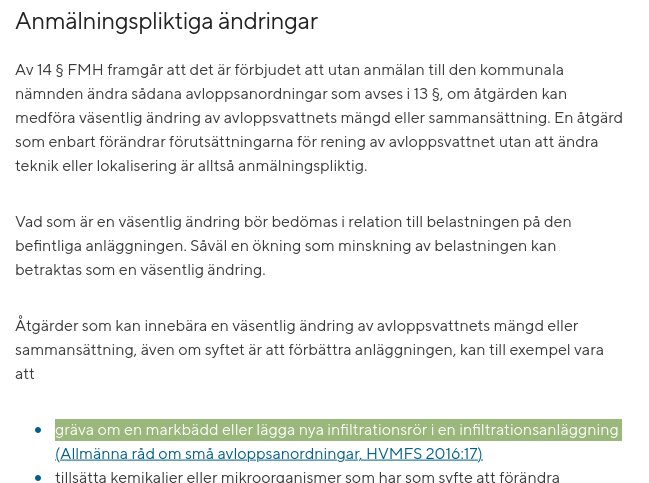 Text som beskriver anmälningsplikt vid förändringar av infiltrationssystem enligt Havs- och vattenmyndigheten.