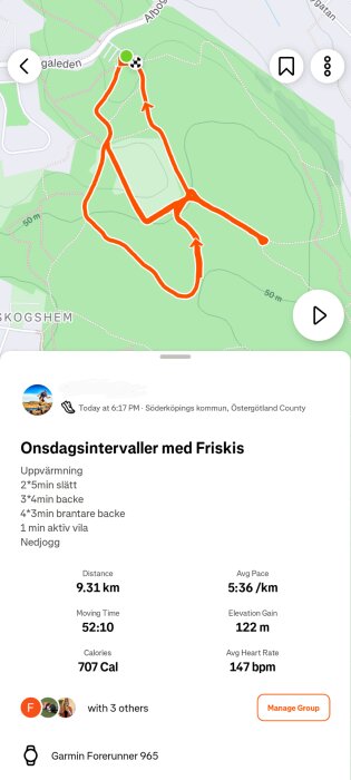 Karta över en löptur i Söderköpings kommun med distans 9,31 km och snitttempo 5:36/km. Träningen inkluderar uppvärmning och intervaller.