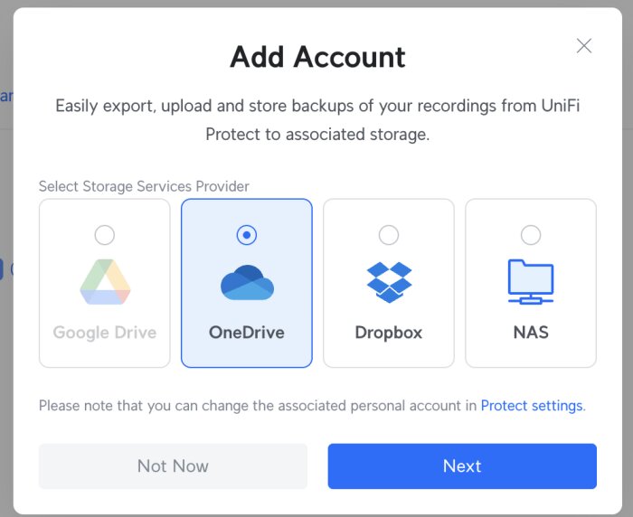 Skärmbild av UniFi Protect-inställning för att lägga till lagringstjänst med val mellan Google Drive, OneDrive, Dropbox och NAS.