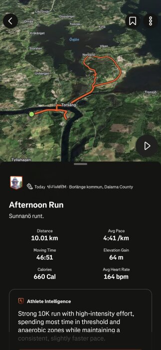 Karta över en löprunda på 10,01 km runt Sunnanö, med detaljerad statistik: distans, tid, tempo, höjdökning, kalorier och medelpuls. Visar även rutten i Torsång.