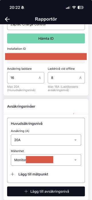 Skärmbild av inställningar i en app för Zaptec laddbox, visar avsäkringsnivåer och laddnivå inställningar för laddbox och huvudsäkring.