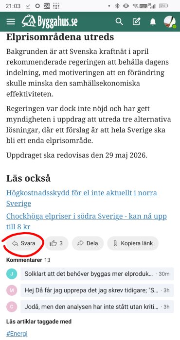Skärmbild av en artikel på Byggahus.se om utredning av elprisområden, med fokus på en kommentarsektion och en rödmarkerad 'Svara'-knapp.