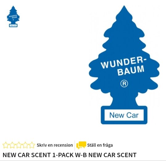 Doftgran "Wunder-Baum" med doften "New Car," blå färg, formad som en gran.