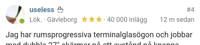 En text med användares profilinformation och statistik från ett diskussionsforum.