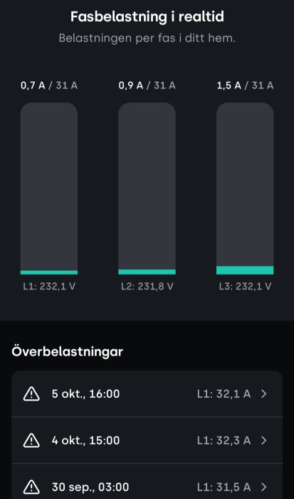 Diagram som visar fasbelastning i realtid och notiser om överbelastningar på tre faser: 0,7 A, 0,9 A, 1,5 A med max 31 A och historik av överbelastningar.