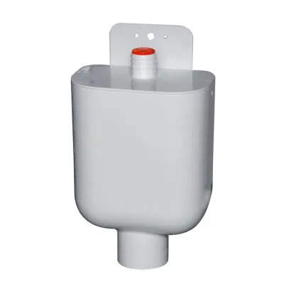 En vit spilltratt med rött lock från Faluplats, användbar för avledning av överskottsvätska.