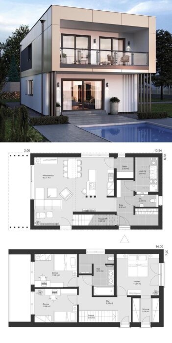 Modern tvåvåningsvilla med glasbalkong och pool samt planlösning över bottenvåning och övervåning.