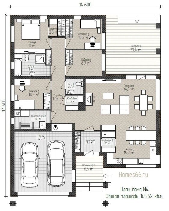 Planritning av ett hus med två bilar i garage, flera rum och en terrass, yta 165,52 kvm, 14 600 mm x 17 600 mm.