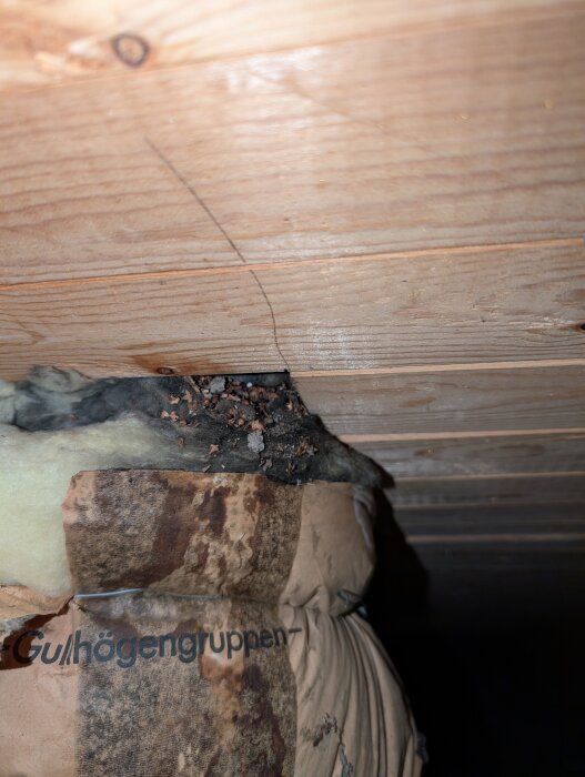 Träbjälkar med svart missfärgning och brunt papper med tryck; isoleringens struktur syns, omgiven av skräp, på en vind.