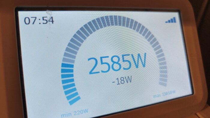 Elförbrukningsmätare visar aktuell förbrukning på 2585W klockan 07:54.