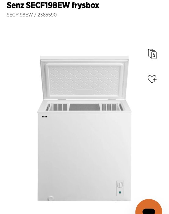 Senz SECF198EW frysbox med öppet lock, vit exteriör, synliga lagringsfack, lämplig för förvaring av bär och kött i garage.