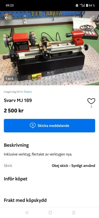 Liten hobbysvarv MJ 189 med röd och svart färg, erbjuds för 2500 kr. Verktygen ingår, de flesta är nya.