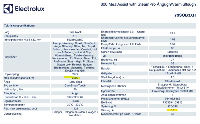 Specifikationer för Electrolux 800 ugnen med max effekt 3500W och säkring på 16A, enfasdrift, inklusive funktioner och energiklass A++.