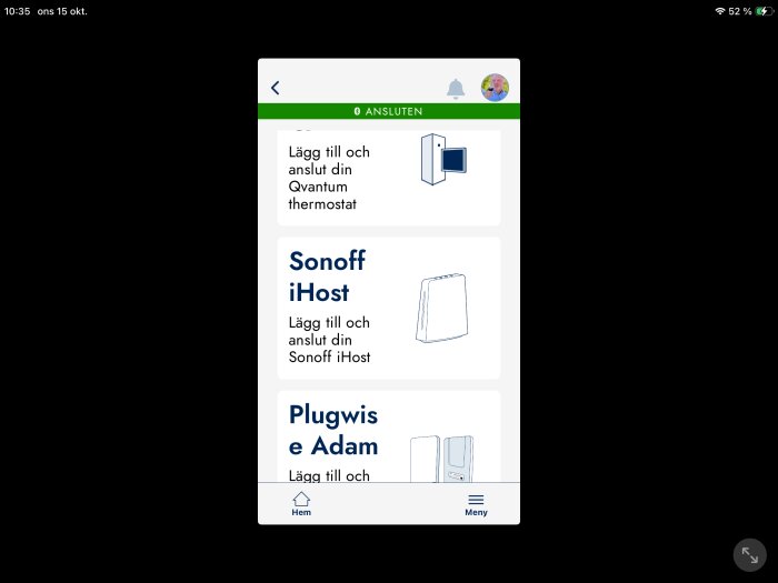 Mobilappskärm med alternativ för att lägga till och ansluta en Qvantum-termostat, Sonoff iHost och Plugwise Adam-enheter.