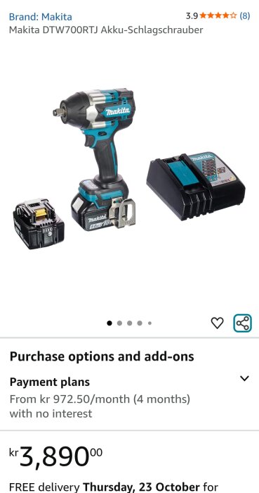 Makita DTW700RTJ slagskruvdragare med batteri och laddare. Pris 3890 kr, gratis leverans finns tillgänglig.