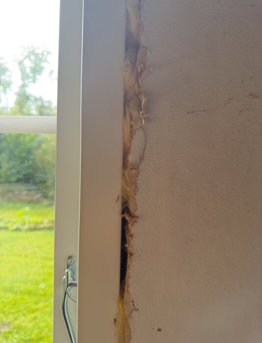 Hål i vägg nära nytt fönster med gammalt isoleringsmaterial och papp synligt, vy från insidan med utsikt mot trädgård.