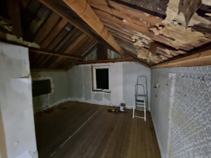 Rum med trätak och fuktskadad yta i ett gammalt torp. En stege och byggmaterial finns i hörnet nära ett fönster.