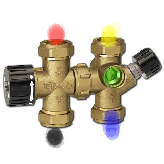 Bilden visar en kopplingsventil med färgmärkning: blå för kallvatten, grön för vakuumventil, gul för vatten till beredare, röd för hetvatten från beredare.