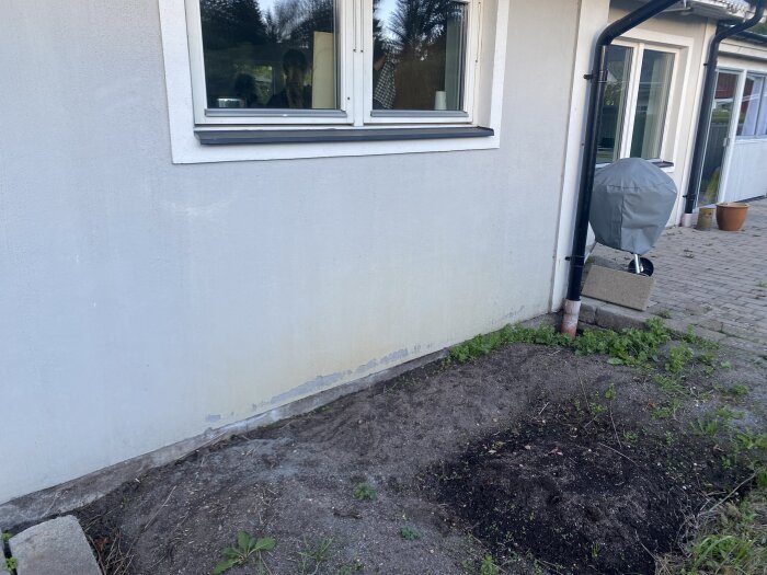 Husfasad med fuktskadade partier vid grunden, borttagen marksten och synlig jord intill. Pågående diskussion om lämpligt bruk för reparation.