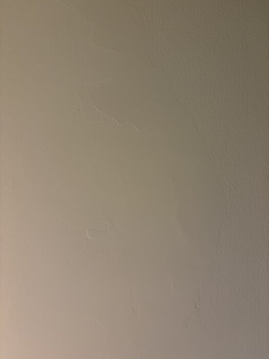 Ojämnt målad vägg med synbara släpp och spackelmärken efter undermåligt förarbete, trots användning av slipkloss och flera spackellager.