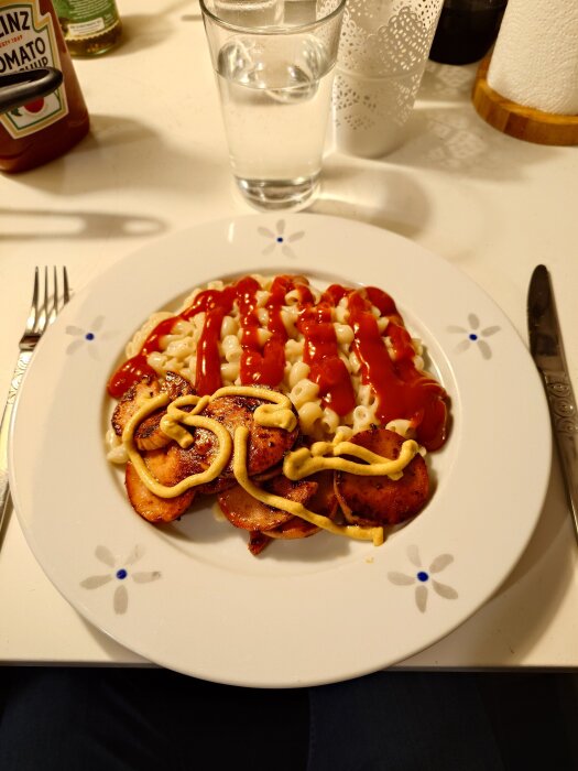 Tallrik med stuvade makaroner med ketchup, stekt falukorv med senap. Glas med vatten i bakgrunden på ett bord.