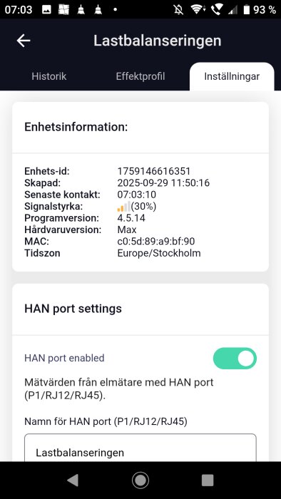 Skärmdump av appen "Lastbalanseringen" visar enhetsinformation med signalstyrka 30% och HAN-portinställningar aktiverade.