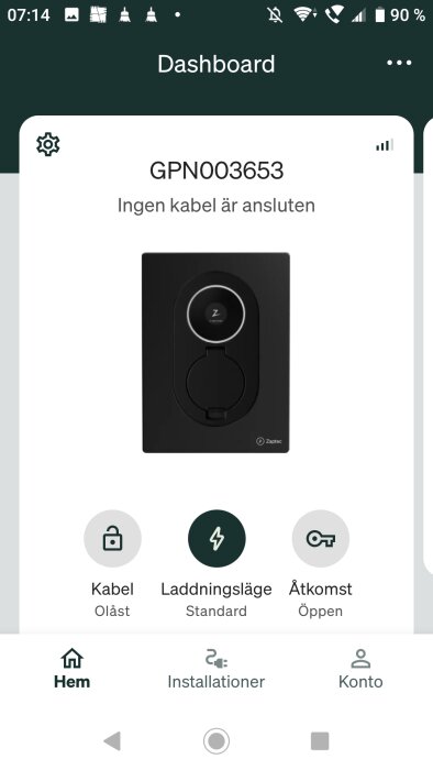 Mobilappens dashboard visar laddbox med text 'Ingen kabel är ansluten', inställningar för kabel, laddningsläge och åtkomst, samt Zaptec-logotyp.
