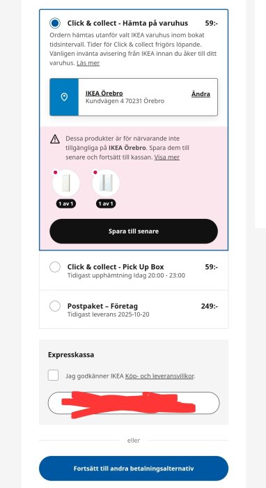 Alternativ för IKEA-upphämtning och företagsleverans med markering av otillgängliga varor för vald plats.