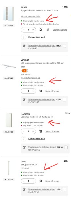 Skärmbild av varukorg från Ikea.se visar fyra produkter markerade som tillgängliga för hemleverans med gröna ikoner och röda pilar.