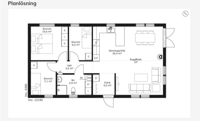 Planlösning med tre sovrum, storstuga/kök med 4 m i takhöjd, hall, WC och entré. Diskussion om optimal placering av luftvärmepump.