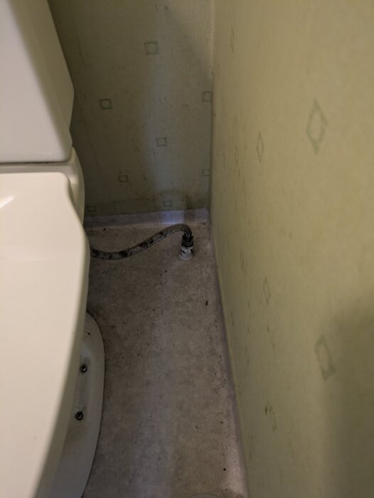 Bild av hörnet i en gäst-wc med en golvstående toalett, synliga rör och ett äldre linoleumgolv framför en mönstrad vägg.