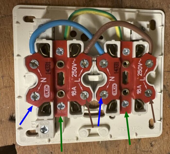 Elinstallationsplatta med kablar och anslutningsskruvar markerade med färgade pilar för möjliga anslutningspunkter.
