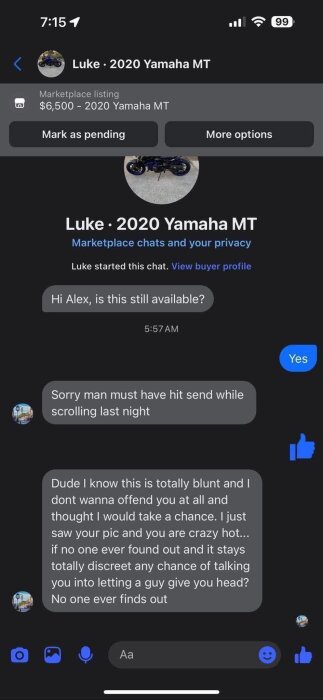 Skärmdump av en Messenger-konversation om en 2020 Yamaha MT-motorcykel där priset är $6,500 och meddelanden om tillgänglighet och oavsiktlig skickning diskuteras.