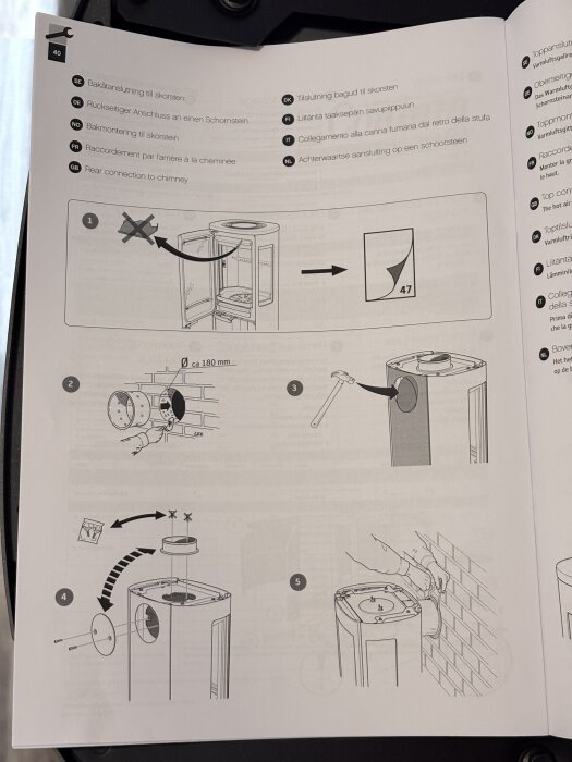 Instruktionsmanual för braskaminen Contura 856 med steg för bakanslutning av skorsten.