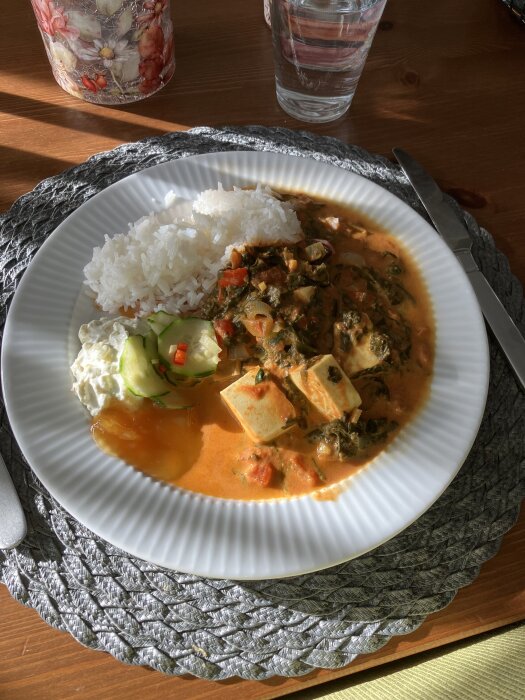 Tallrik med palak paneer, ris, ingefärs- och chiligurka, raita och mango chutney. Glas och bestick på bordet.