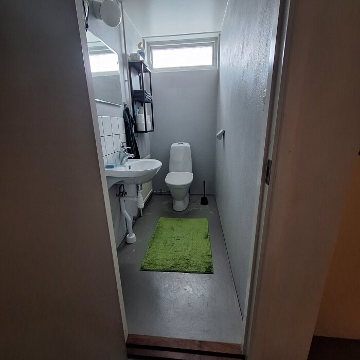 Enkel källartoalett efter renovering med ny färg på väggar, toalettstol, handfat, spegel och grön matta på klinkergolv.
