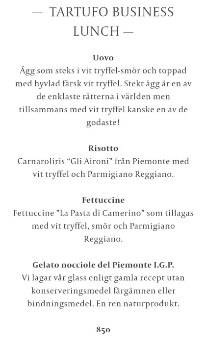 Meny för "Tartufo Business Lunch" med rätter som uovo, risotto, fettuccine och gelato, alla med inslag av vit tryffel och italienska ingredienser.