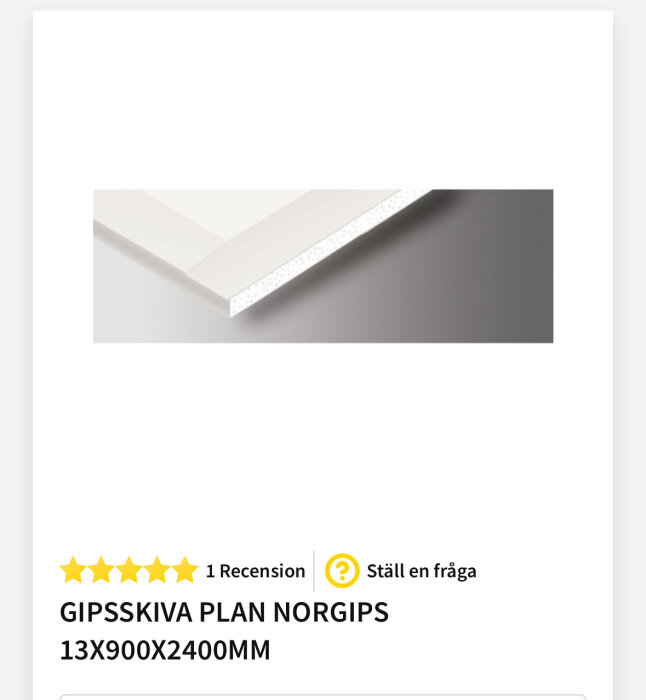 Gipsskiva av märket Norgips med försänkta kortändar, dimension 13x900x2400mm, visas på en vit och grå bakgrund.