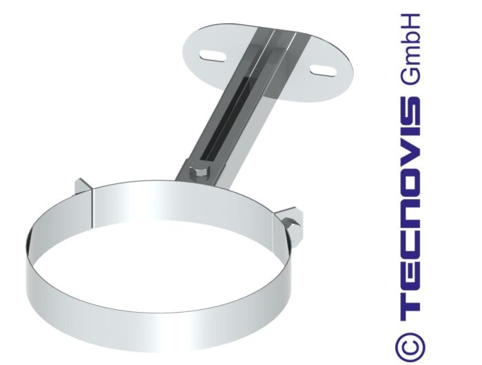 Rörklamma i metall med vägg- och takfäste från Tecnnovis GmbH, designad för att hålla rör stadigt på avstånd från ytor.