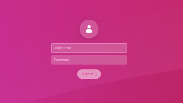 Inloggningssida med användarnamn och lösenordsfält, och en knapp märkt "Sign In" mot en rosa bakgrund.