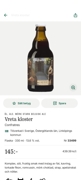 Flaska med mörk belgisk ale "Vreta kloster Confratres" med etikettmotiv av två munkar vid en klosterport.